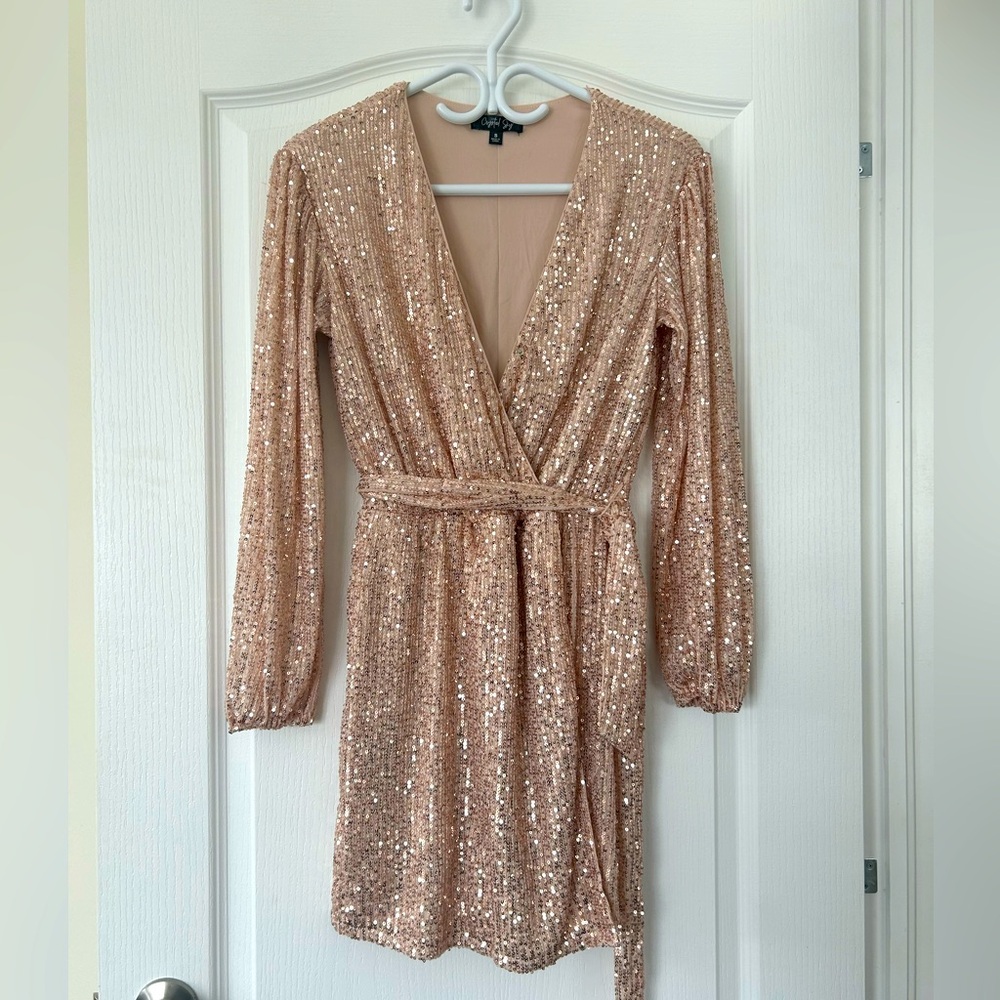 Elegant Sequin Wrap Dress Blush